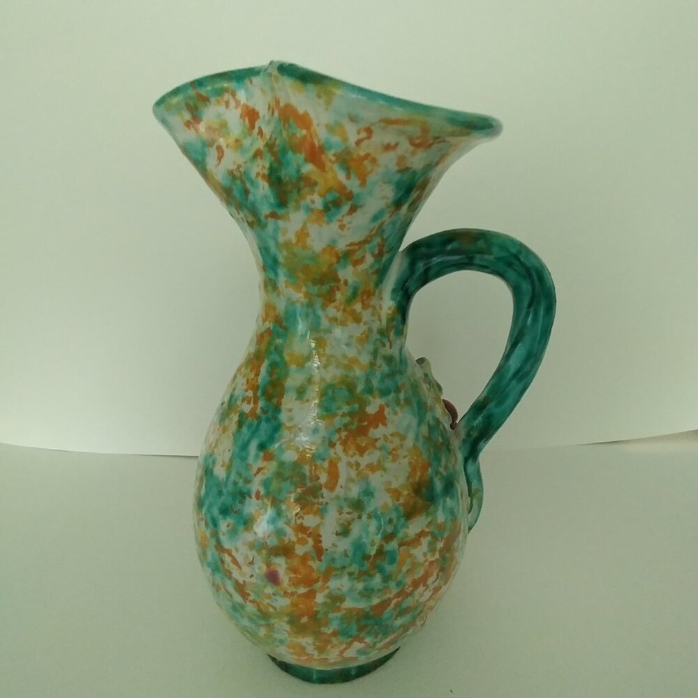 Vintage Italian Sponge Painted Pitcher Vase 3D Grapes Relief Art Greens Yellows
